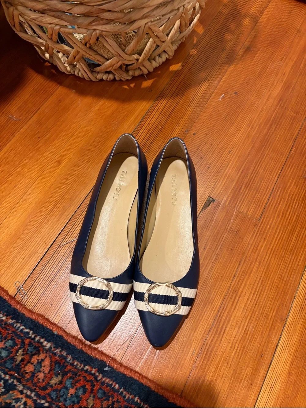 Talbots Navy Pointed-Toe Flats with Striped Ribbon and Gold Buckle